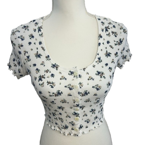 Cream & Floral Ribbed Knit Button Cropped Cap Sleeves Top Women's Sz M - Picture 4 of 6